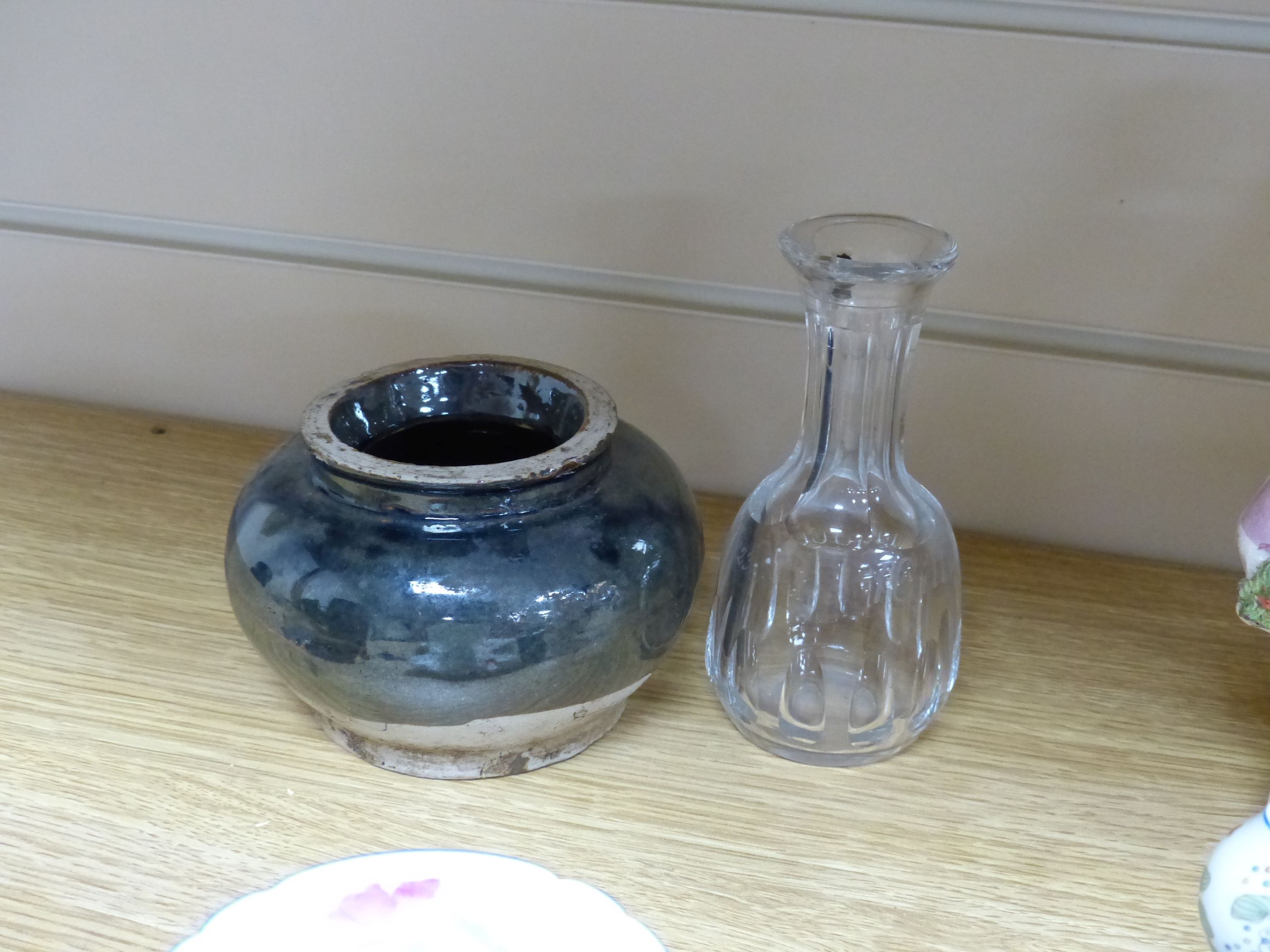 A group of ceramics including a Shelley cup and saucer, a Staffordshire flatback, a Wedgwood miniature bowl etc.